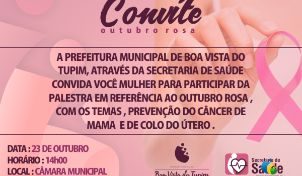 Palestra - Outubro Rosa Palestra sobre a Conscientização e Prevenção do Câncer de Mama, Hoje às 14:00hs